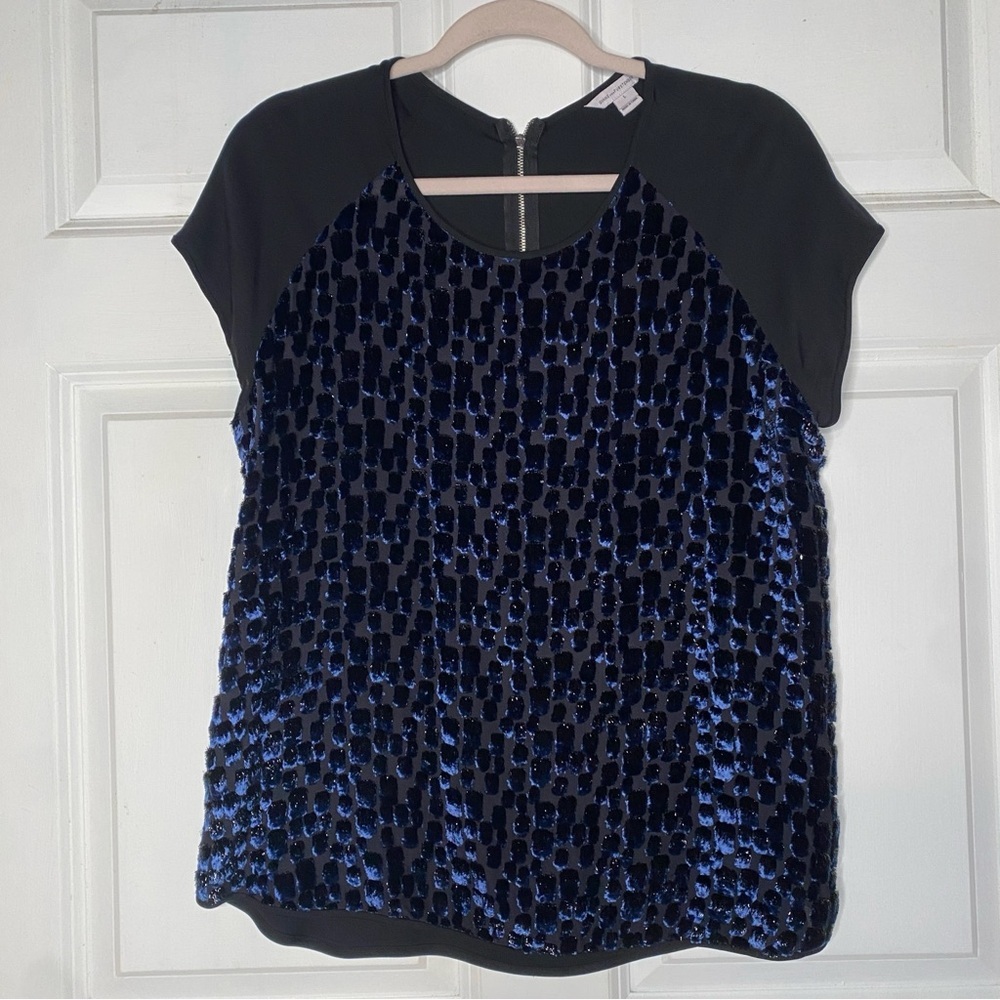 Diane Von Furstenberg Livian Velvet Burnout Top Size Large Blue & Black